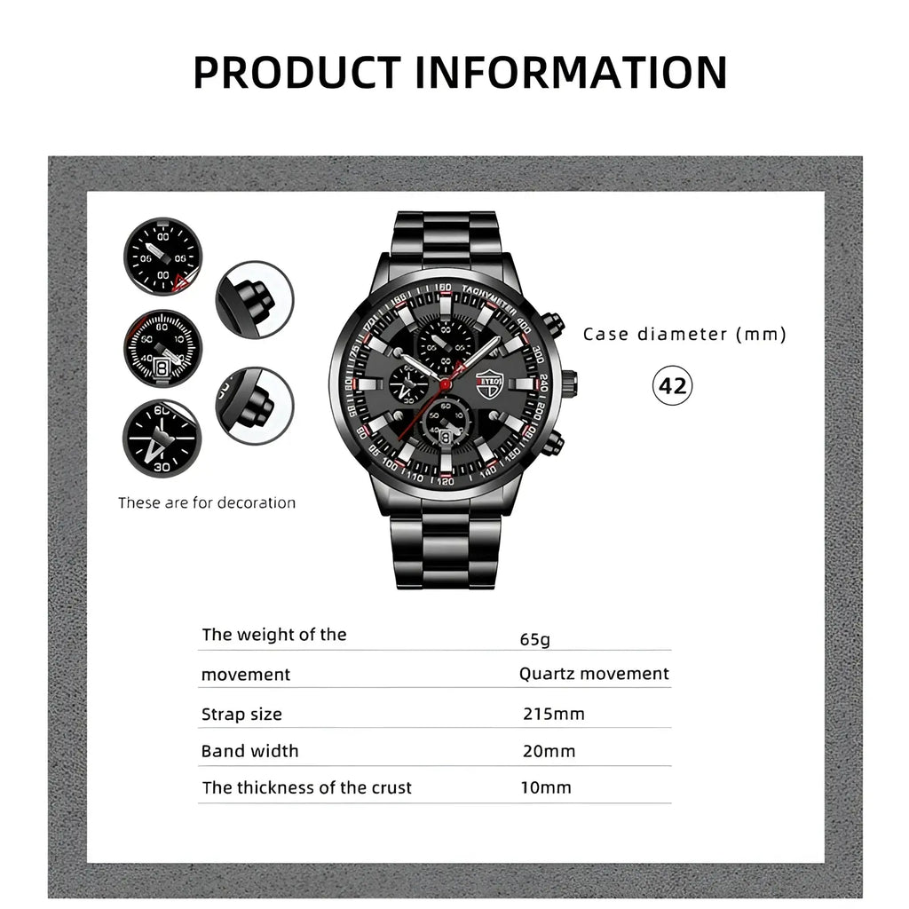 Deyros black stainless steel quartz men watch with bold sporty design and red accents on chronograph hands