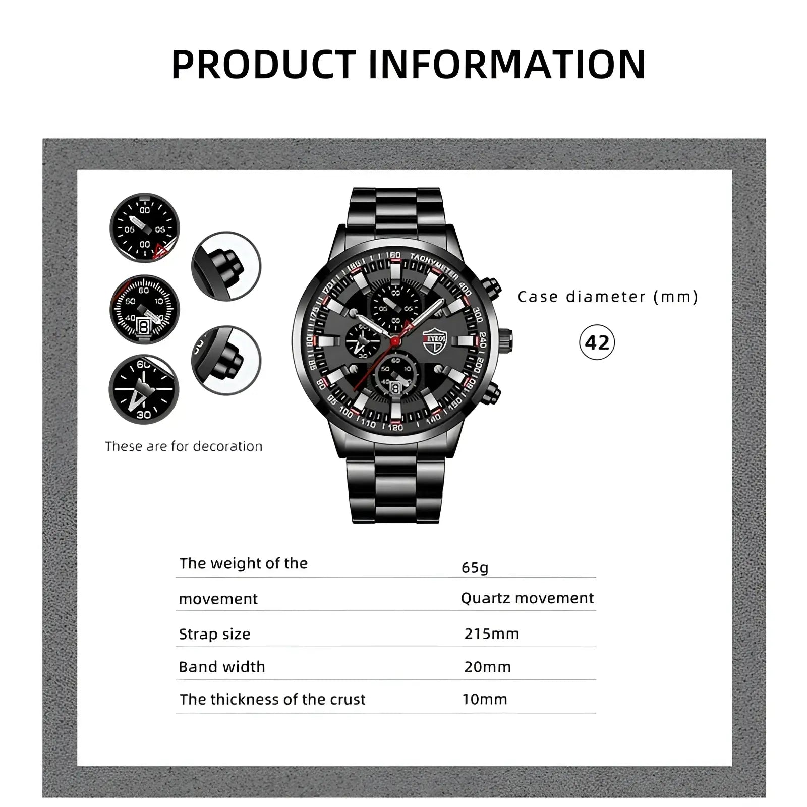 Deyros black stainless steel quartz men watch with bold sporty design and red accents on chronograph hands