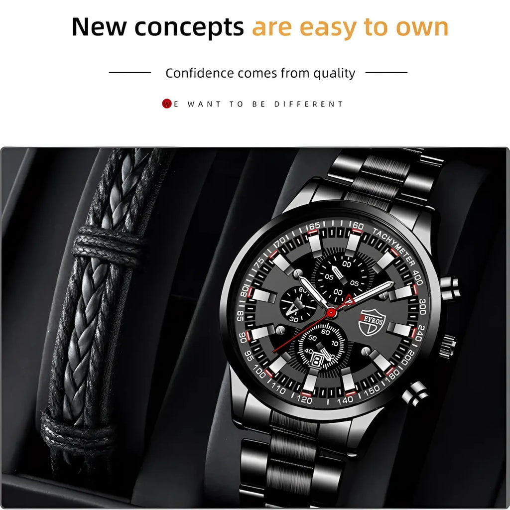 Deyros black stainless steel quartz men watch with a bold multi-dial chronograph face and red accent details