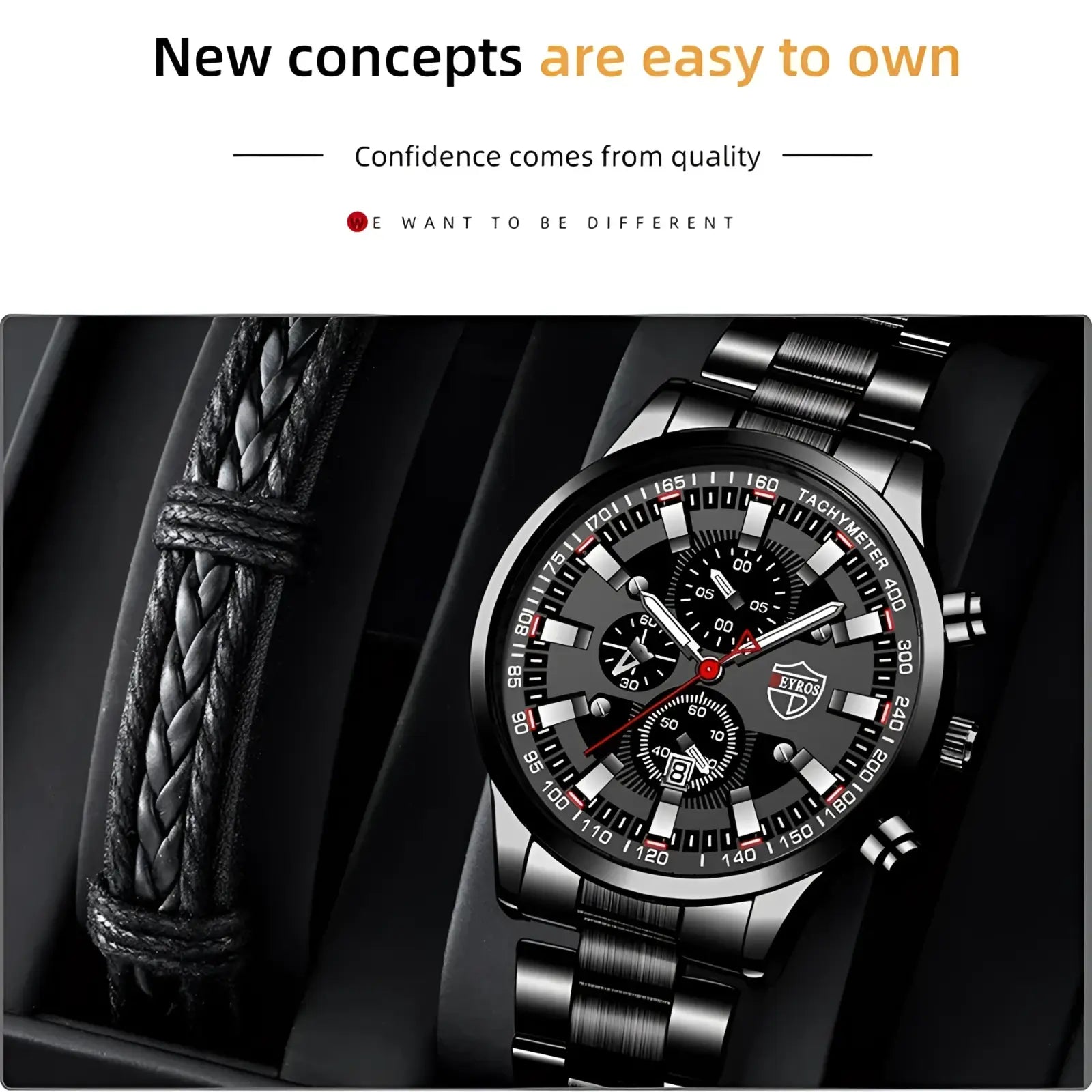 Deyros black stainless steel quartz men watch with a bold multi-dial chronograph face and red accent details