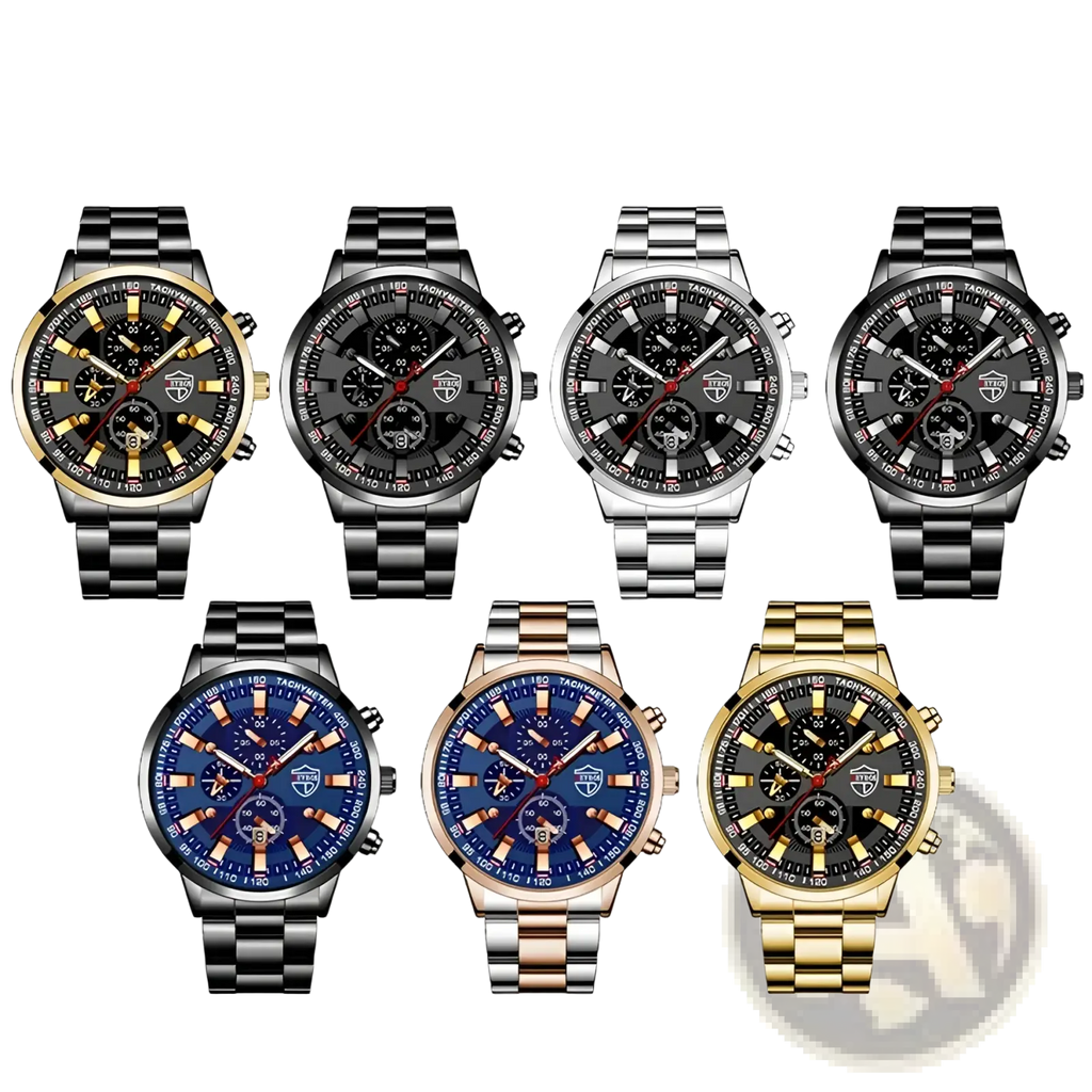 Deyros black stainless steel quartz men watch collection with sporty chronograph design and bold dark gray or blue dials