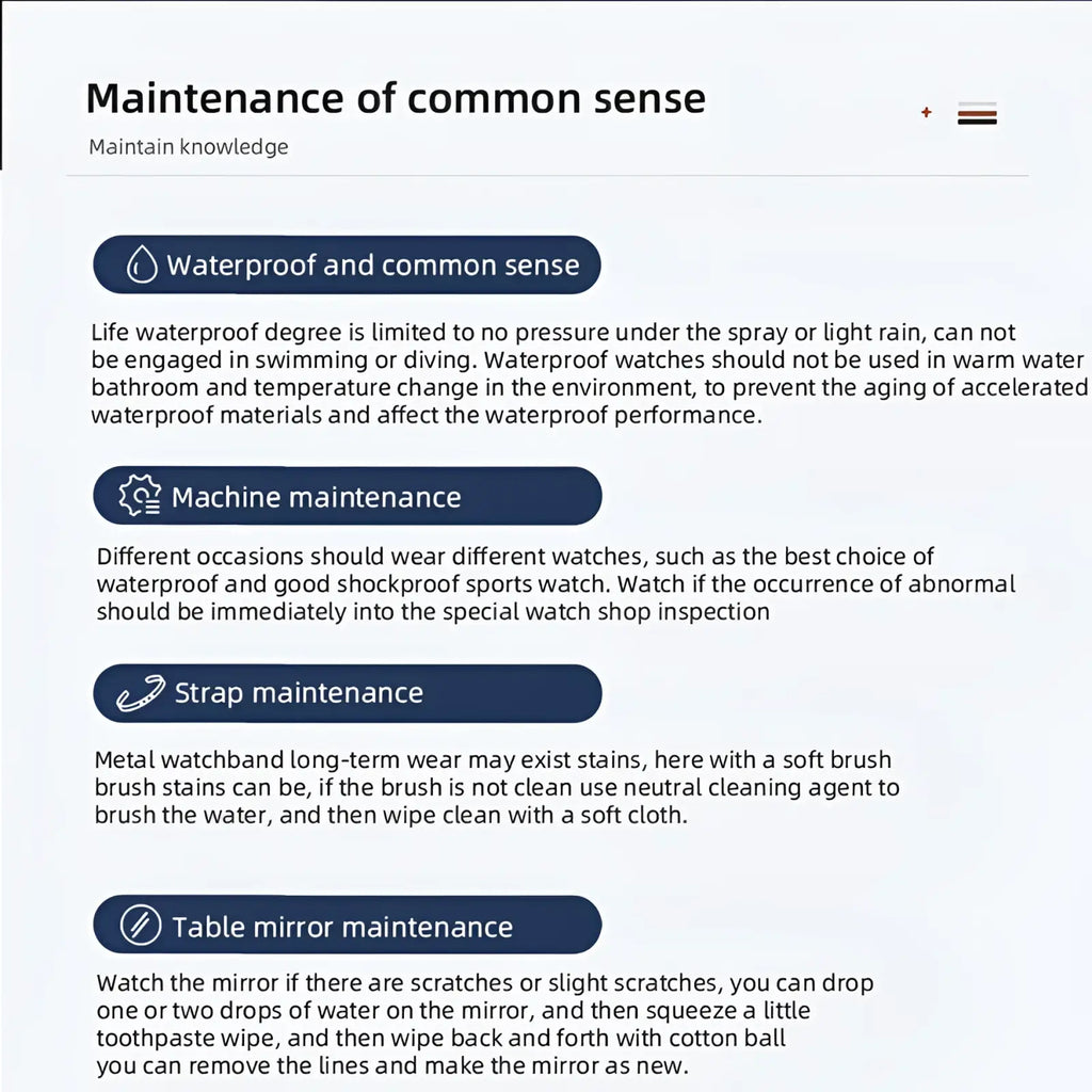 Maintenance guide for Deyros black stainless steel quartz men watch detailing waterproofing machine strap and mirror care
