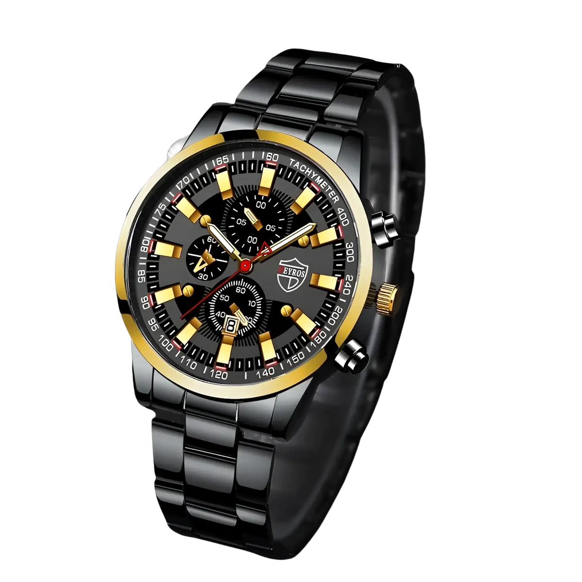 Deyros black and gold stainless steel chronograph quartz men watch with sleek bracelet for formal and casual wear