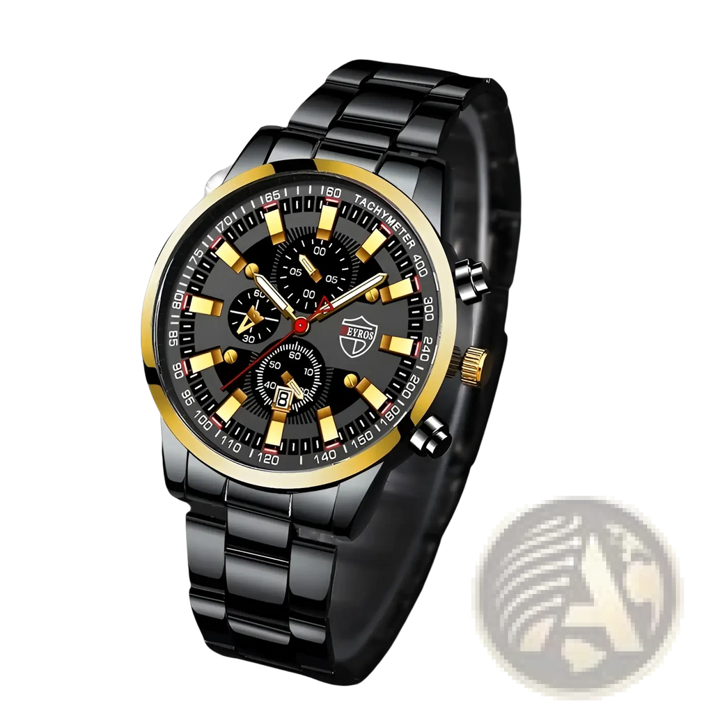 Deyros black and gold stainless steel chronograph quartz men watch with sleek bracelet for formal and casual wear