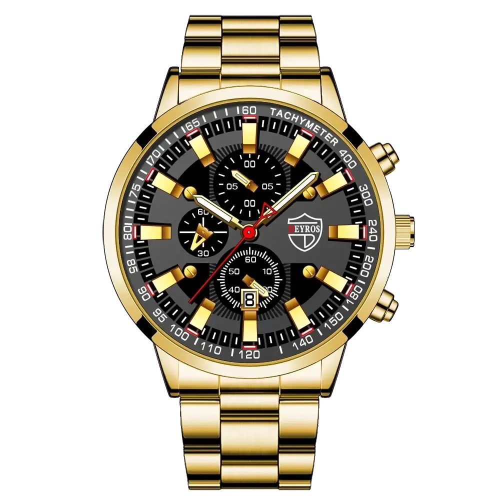Deyros black stainless steel quartz men watch with gold-tone chronograph black dial and matching metal bracelet