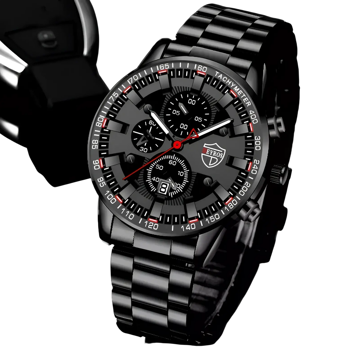 Deyros black stainless steel quartz men watch with black metallic chronograph and red accents featuring a rugged design