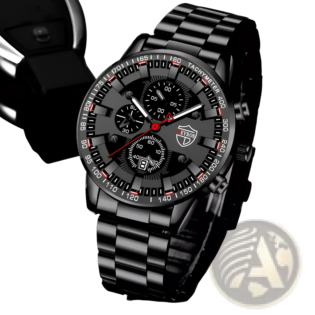 Deyros black stainless steel quartz men watch with black metallic chronograph and red accents featuring a rugged design