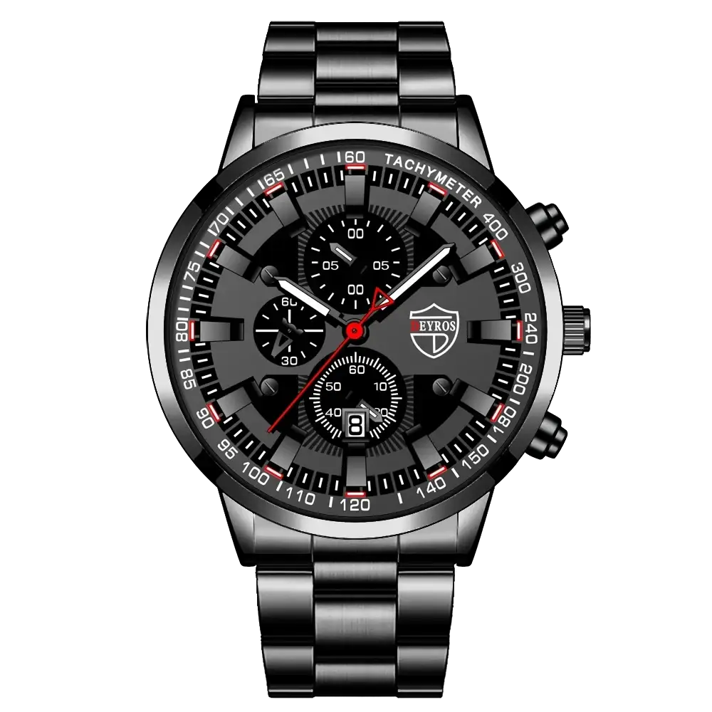Deyros black and red chronograph quartz men watch with stainless steel bracelet and durable design
