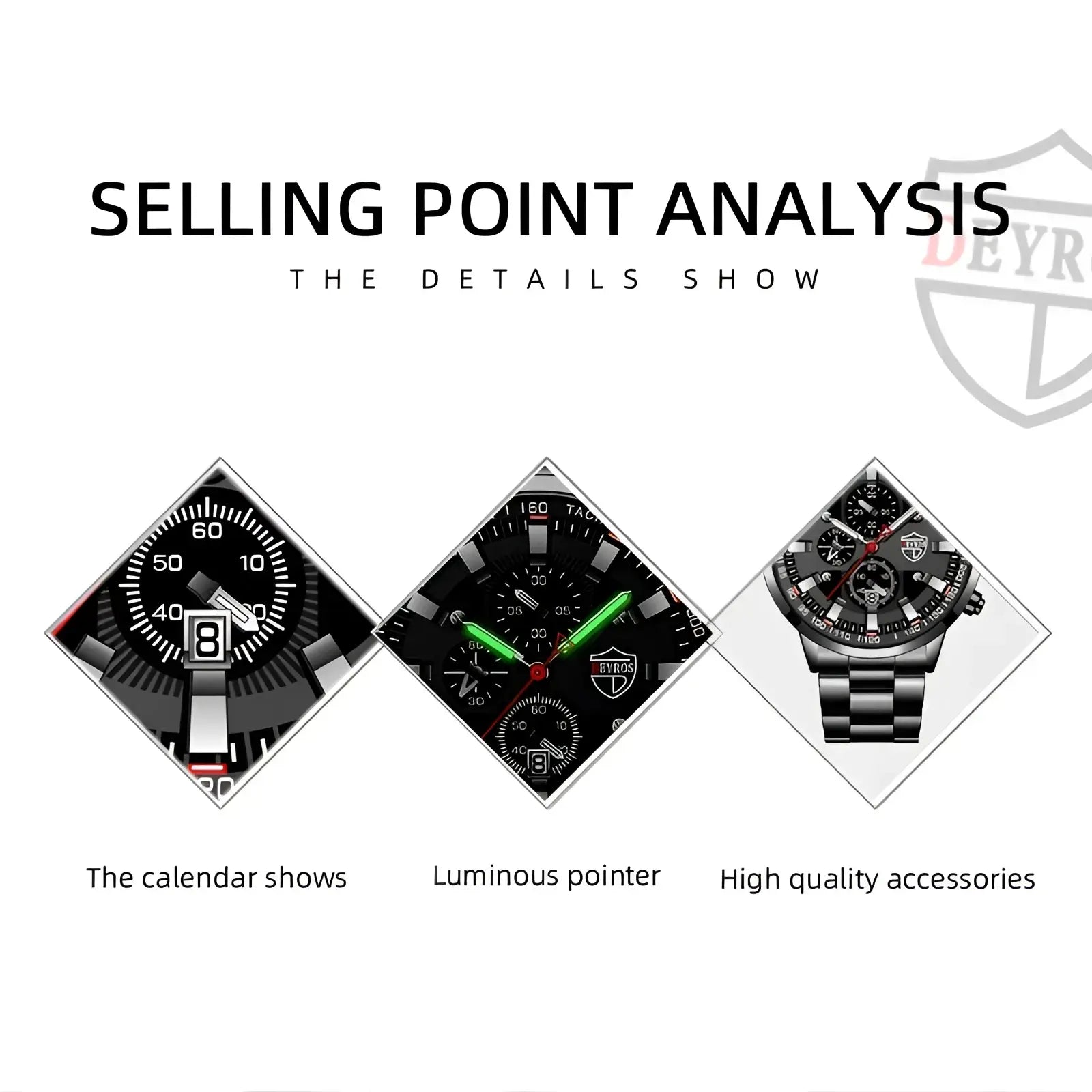 Deyros black and silver chronograph watch with stainless steel bracelet and quartz movement for men