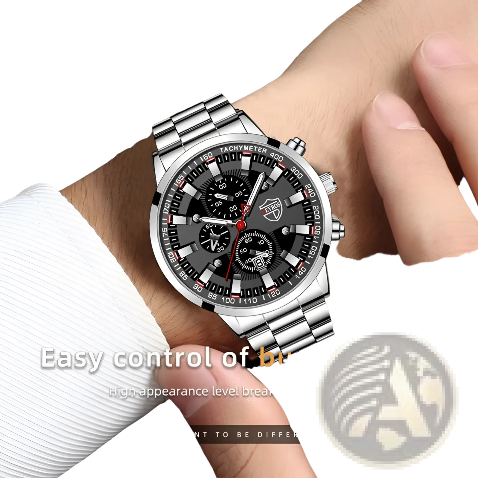 Deyros black stainless steel quartz men watch with silver chronograph case, black dial, red accents, and three subdials