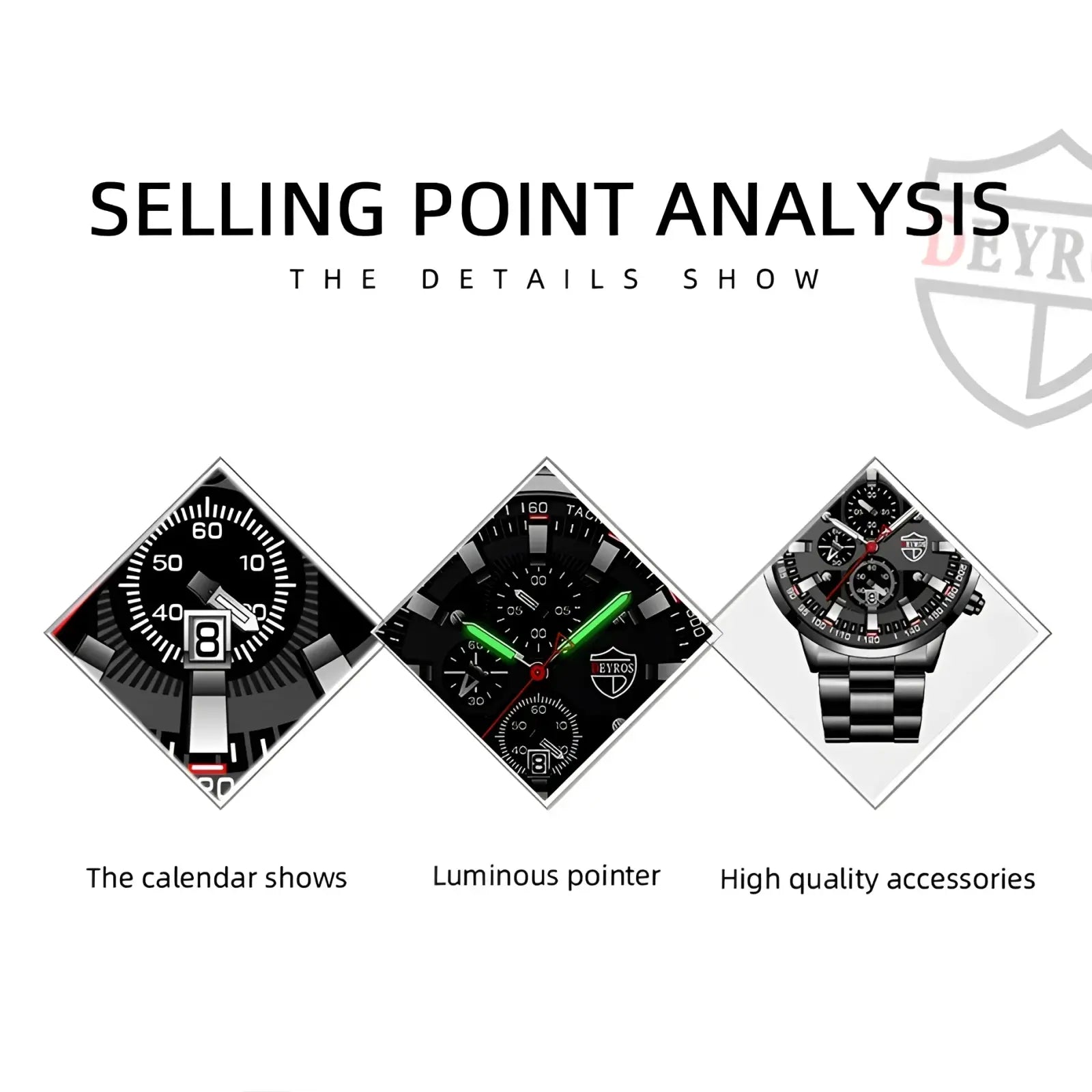Deyros black and silver chronograph quartz men watch with stainless steel bracelet and durable metal construction