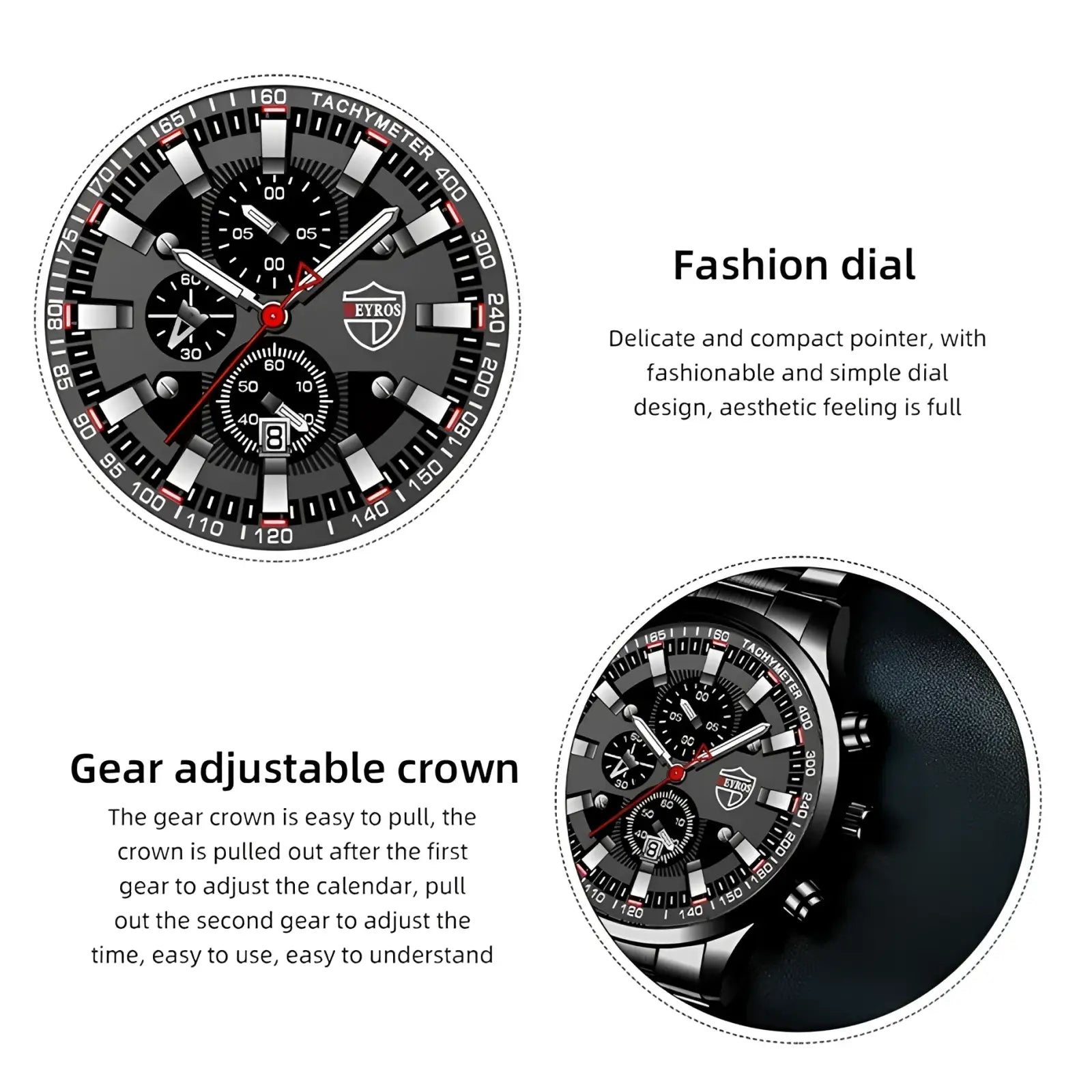 Deyros black stainless steel quartz men watch with black and silver chronograph dial and red accented hands and markers