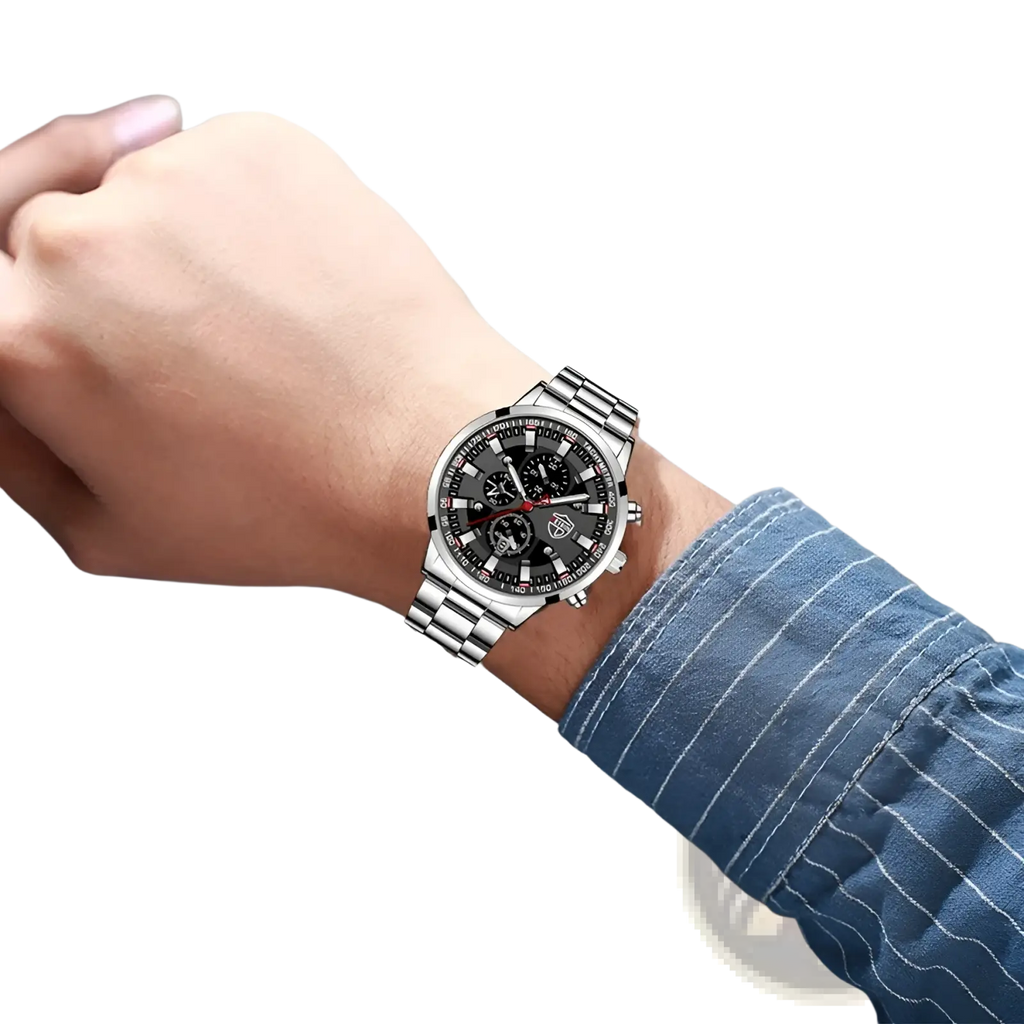 Deyros black stainless steel quartz men watch with silver-toned chronograph case black dial and red second hand