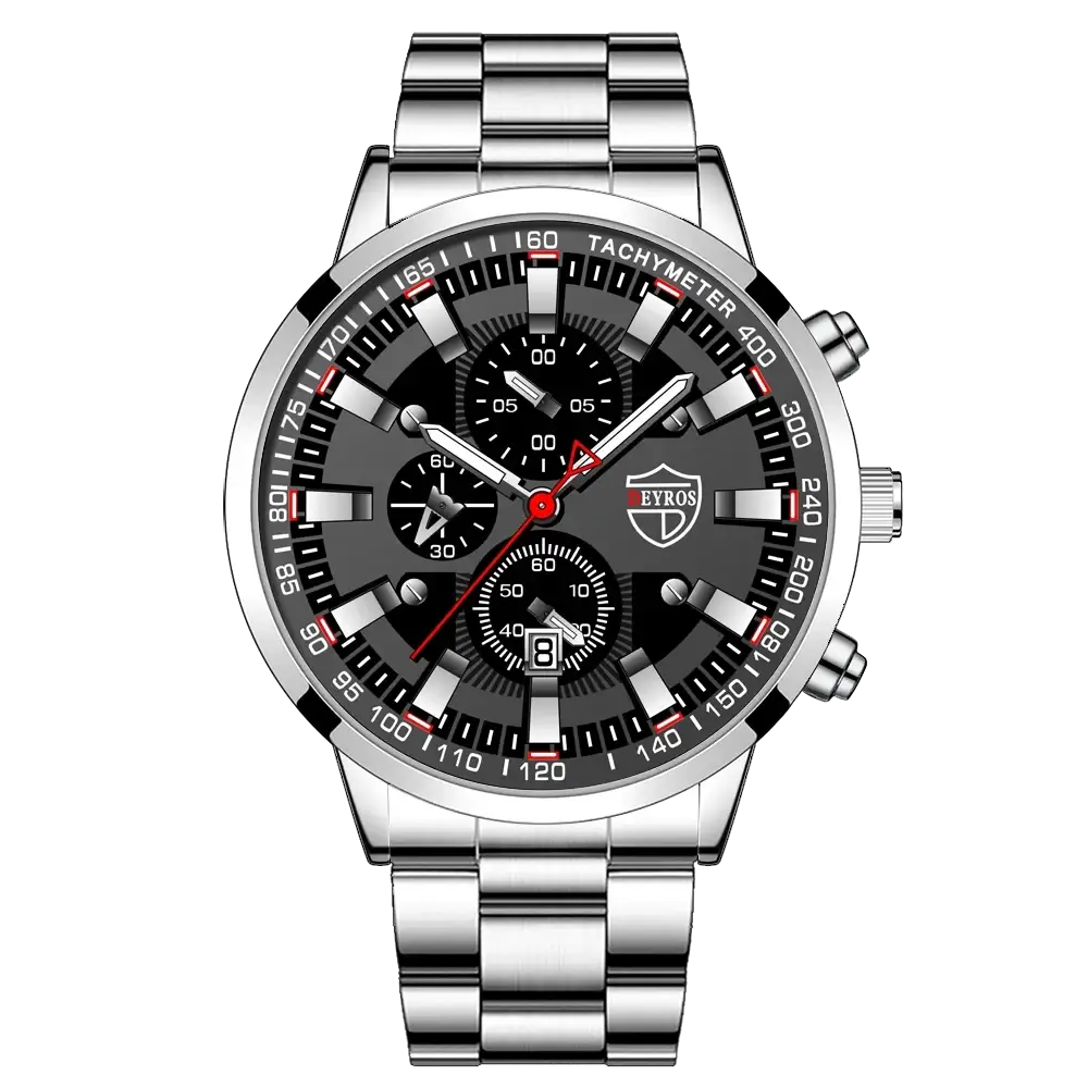 Deyros black stainless steel quartz men watch with silver-tone chronograph case black dial and red accent hands