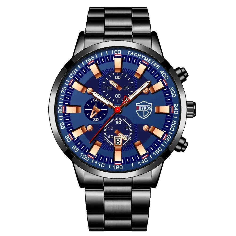 Deyros black stainless steel quartz men watch with vibrant blue dial rose gold hour markers and tachymeter bezel