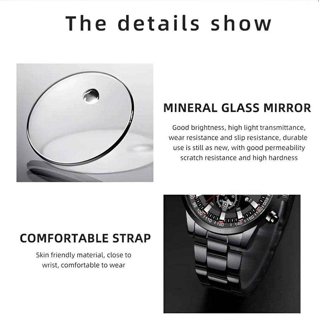 Deyros black stainless steel quartz men watch with mineral glass mirror and comfortable strap for sport use