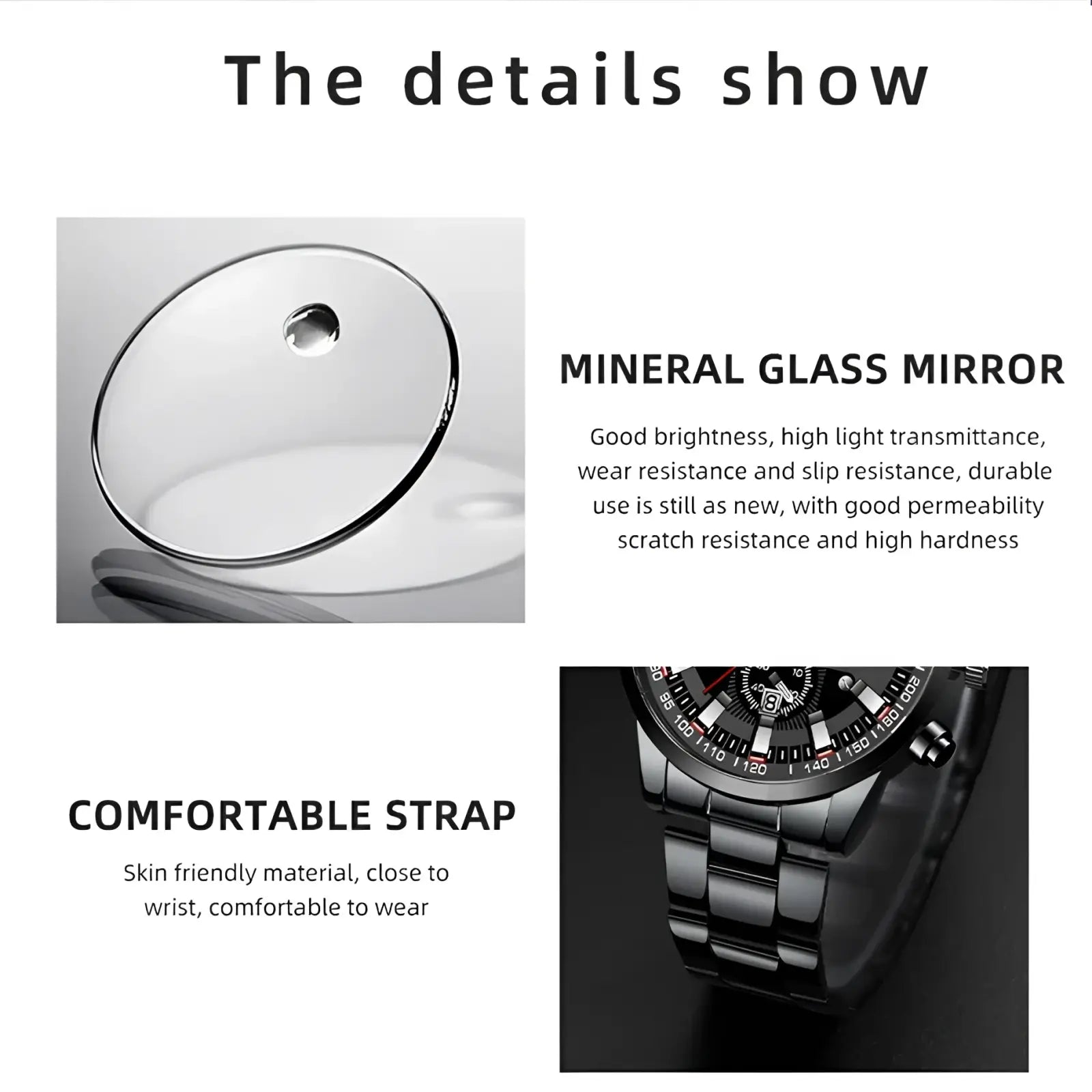Deyros black stainless steel quartz men watch with mineral glass mirror and comfortable strap for sport use