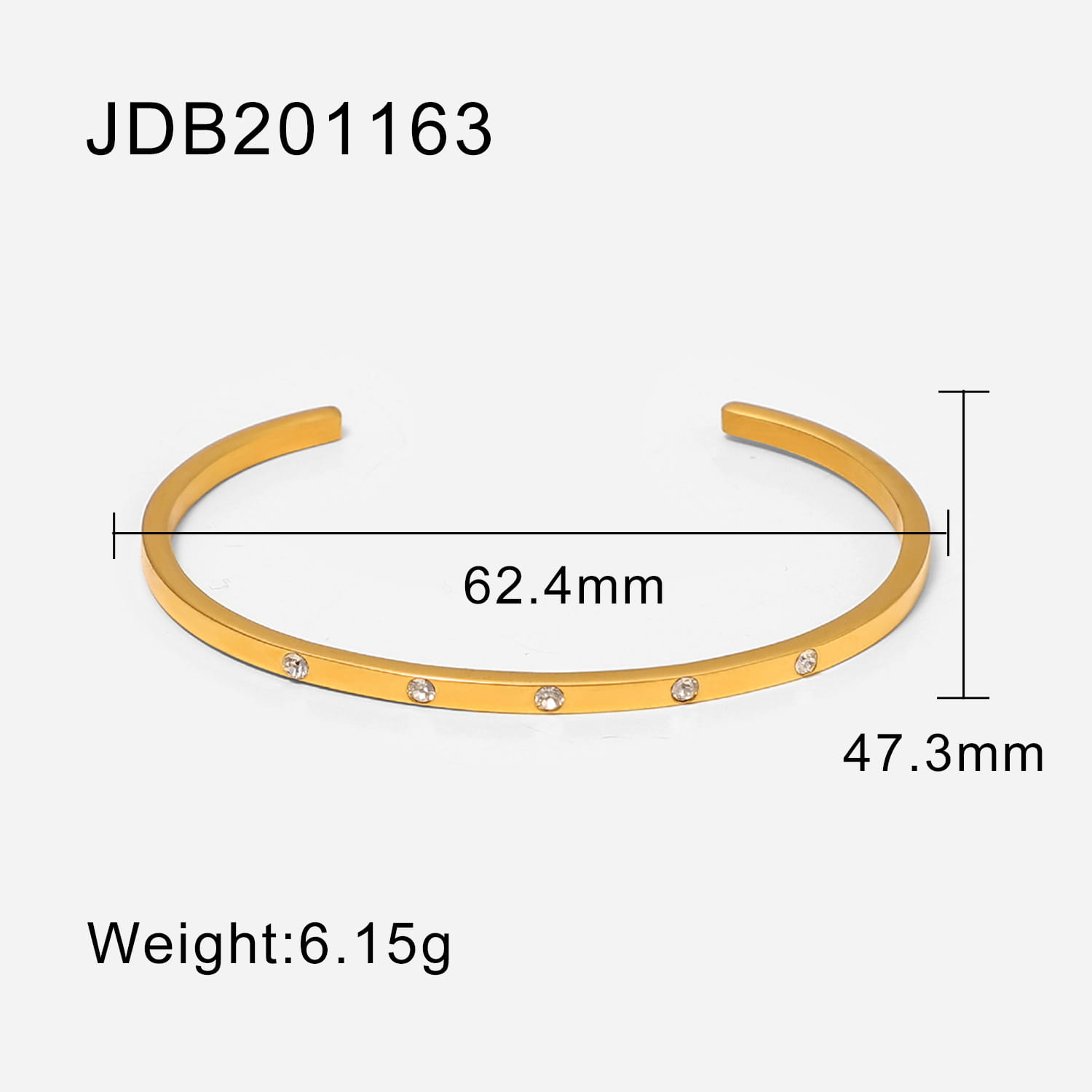 Gold plated stainless steel bangle bracelet with five clear zirconia gemstone accents in a gold tone.