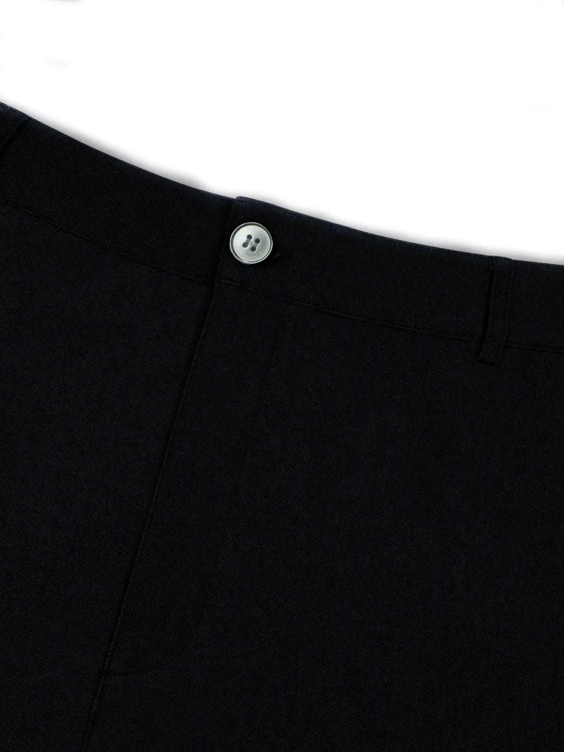 Black slim fit ice silk business casual trousers featuring a silver button at the waistband.