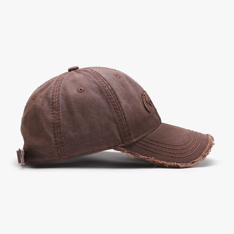 Brown distressed cotton baseball cap with frayed brim and subtle embroidered logo shown from the front.