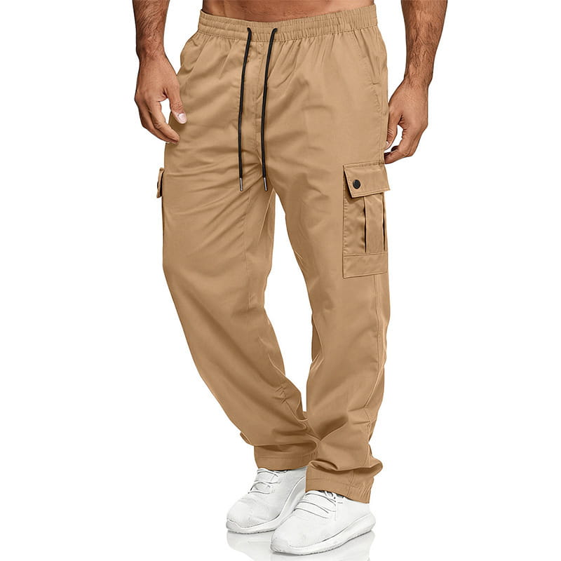 Beige mens straight leg cargo work pants with black drawstrings and buttoned flap pockets.