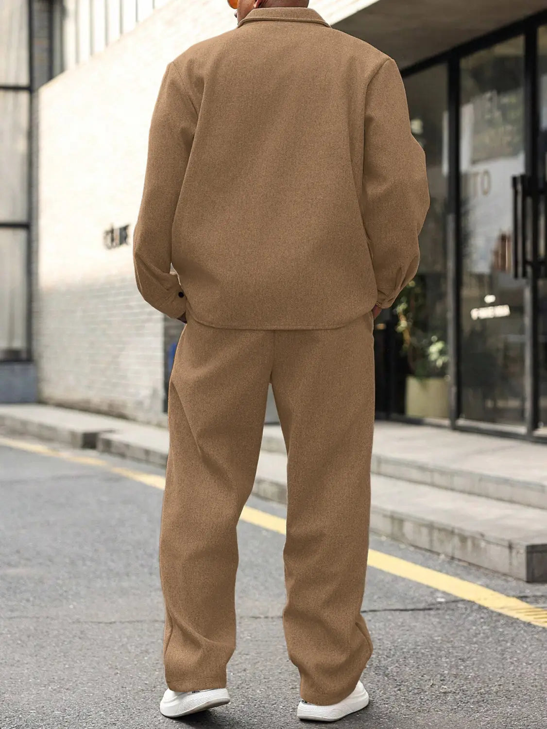Tan woolen mens cargo jacket and pants set featuring a relaxed fit and straight-leg trousers.