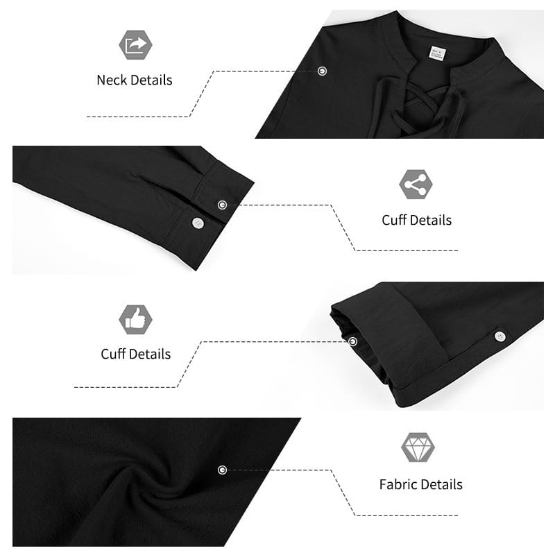Camisa tipo henley de lino con cordones negra para hombre, con una blusa de tejido tipo satén elegante y puños sutilmente abotonados.