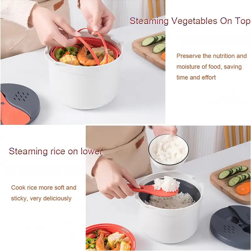 White electric microwave rice cooker 2l steamer with red strainer spoon and red steamer insert designed for simultaneous cooking of rice and vegetables.