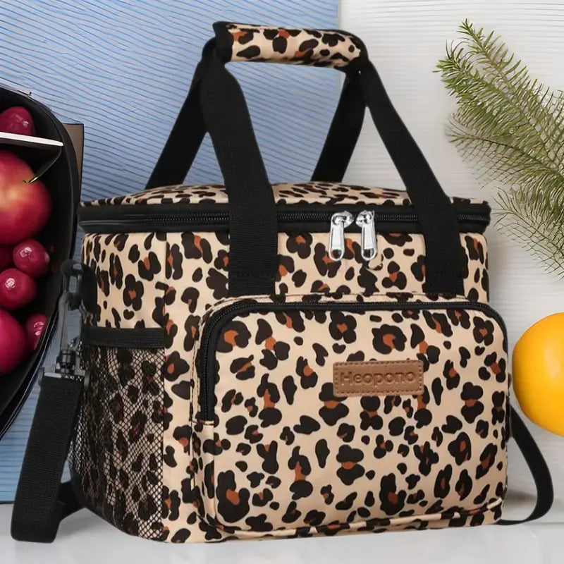 Leopard-print insulated lunch bag large portable crossbody case featuring black straps and silver zippers.