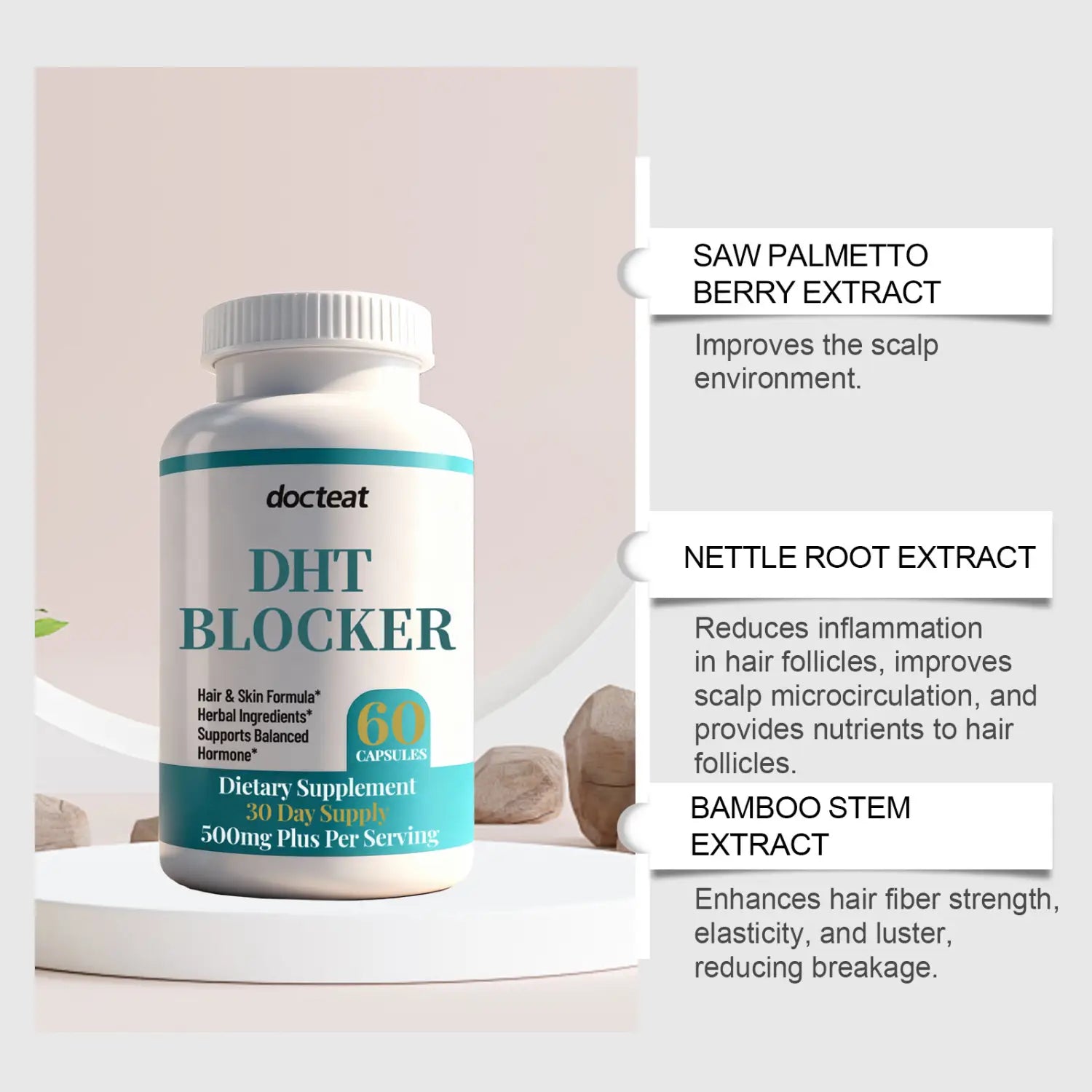 white plastic bottle with teal and white label labeled docteat dht blocker containing 60 softgels for hair growth and skin formula