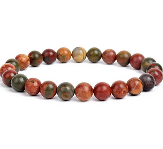 Unisex 8mm polished agate and amethyst stretch bracelet featuring a circular design of smooth round beads with natural stone appearance in swirling shades of red orange and green.