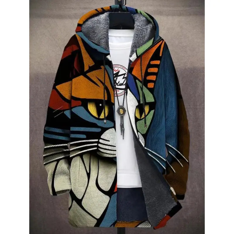 A vibrant abstract cat-themed hooded printed plush lined windproof winter jacket with bold orange blue green black and white graphic design and a plush gray lining.