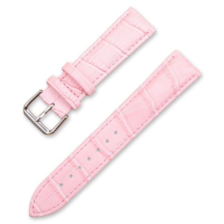 Pink crocodile-patterned leather watch strap with silver-toned buckle in a crocodile leather watch strap set with buckle.