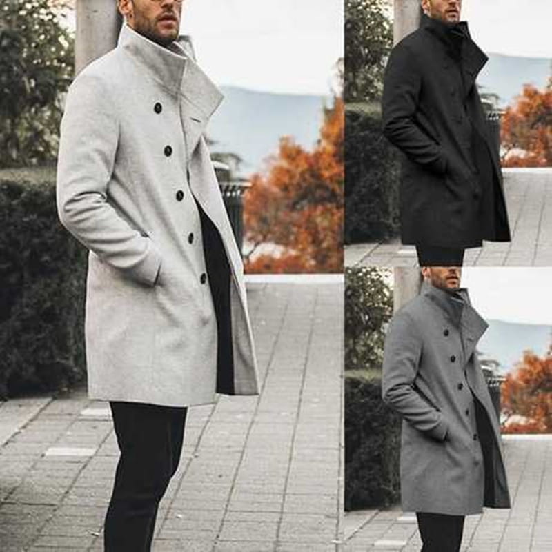 A stylish men tweed trench coat with a stand collar double-breasted overcoat in light gray black or dark gray with matching buttons.