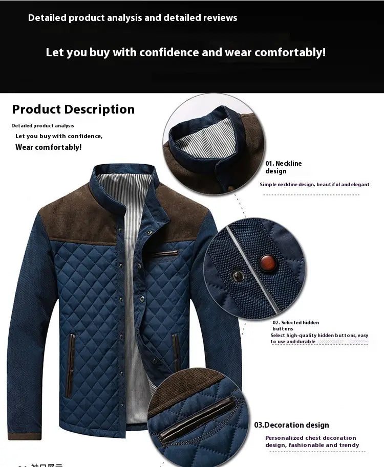 Veste matelassée pour hommes à col en daim, vêtement extérieur en coton, bleu marine et brun, avec une doublure intérieure à rayures et des boutons dissimulés.