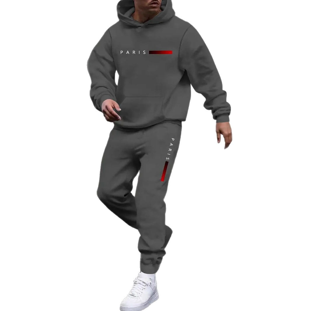 Graues Paris-Branding Herren-Hoodie- und Jogginghosen-Set mit roten Akzentstreifen, für den Freizeitgebrauch konzipiert