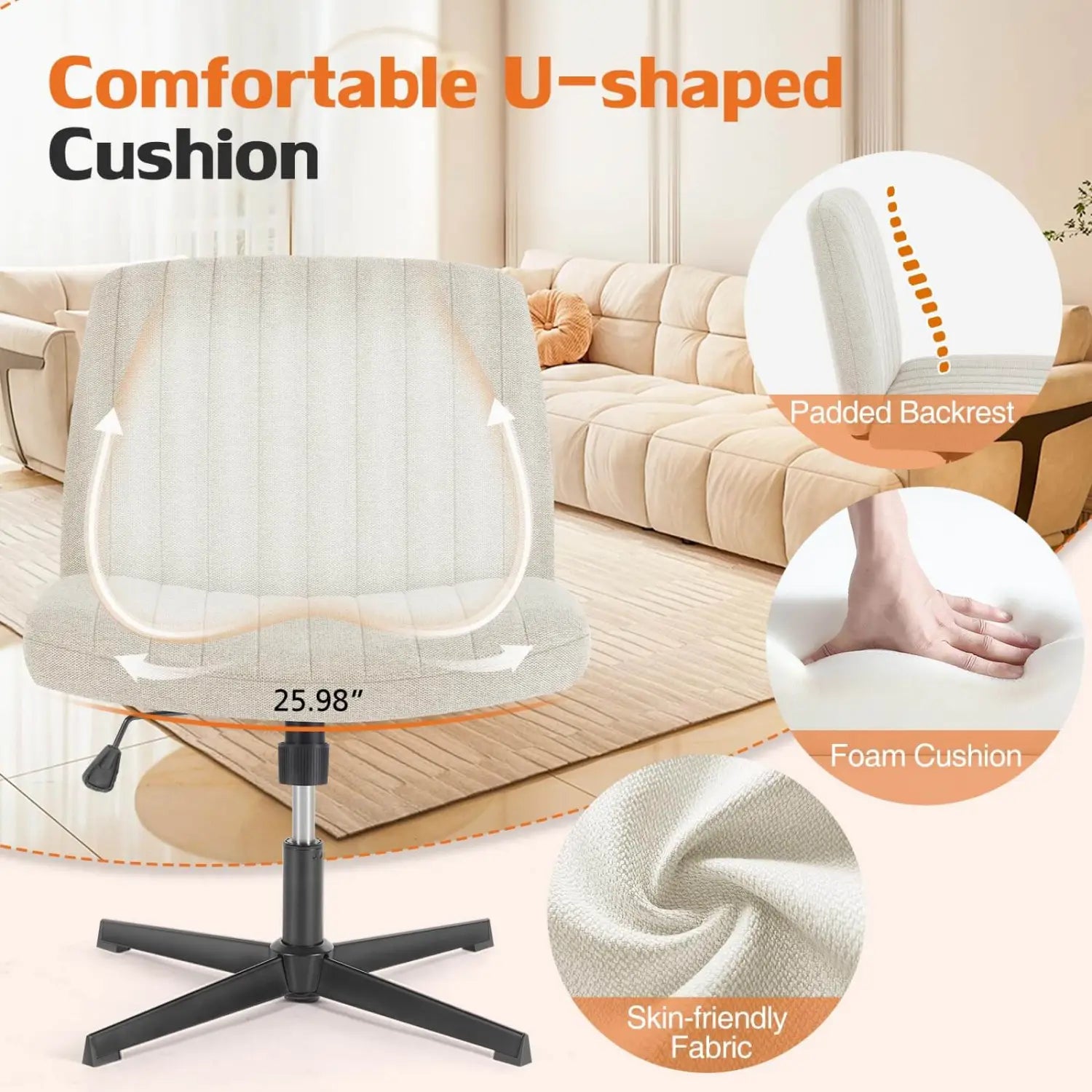 Chaise de bureau rembourrée beige, à assise croisée, avec dossier rembourré en forme de U et base noire à cinq branches, conçue pour une utilisation pivotante large et sans accoudoirs sur un bureau.
