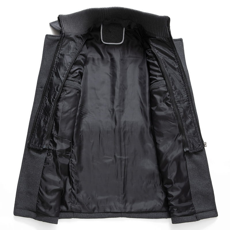 Men’s thermal woolen jacket in black quilted design with ribbed collar and satin-lined interior for winter warmth.
