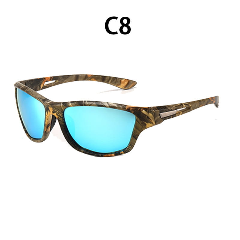 Polarisierte ovale Herren-Sportsonnenbrille mit Tarnrahmen und leuchtend blauen verspiegelten Gläsern.