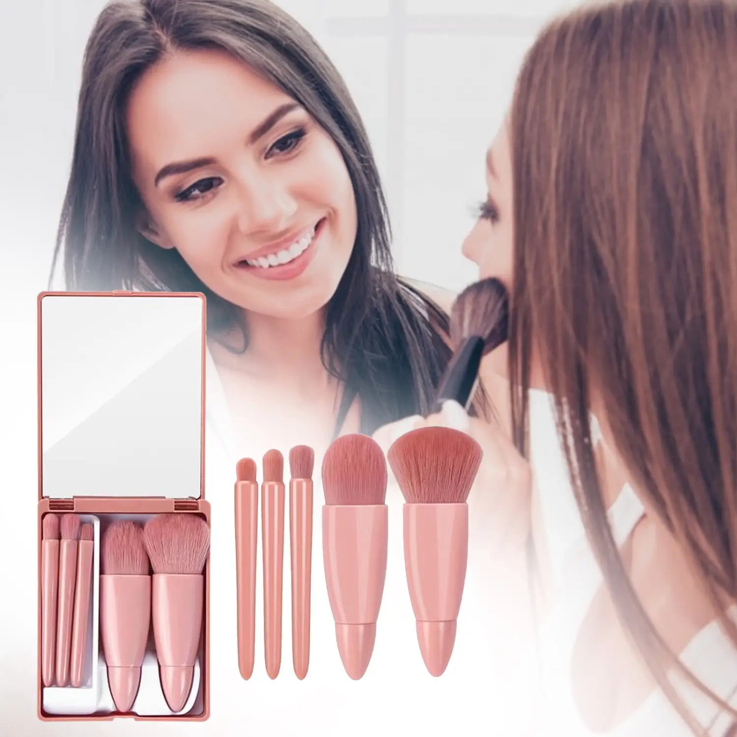 Rose gold compact makeup brush set with soft bristles and sleek handles in a portable five piece pink kit with mirror.