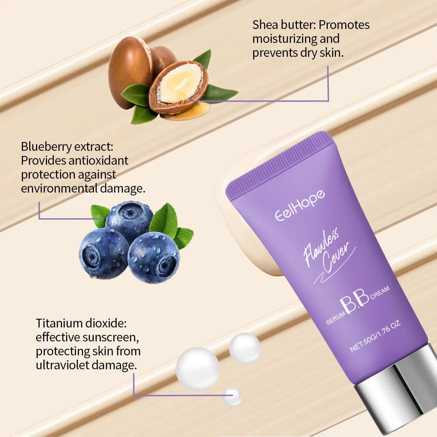 Tube violet de Cellhope flawless cover serum BB crème avec capuchon argent, pour une hydratation et une couvrance parfaite 50 g.