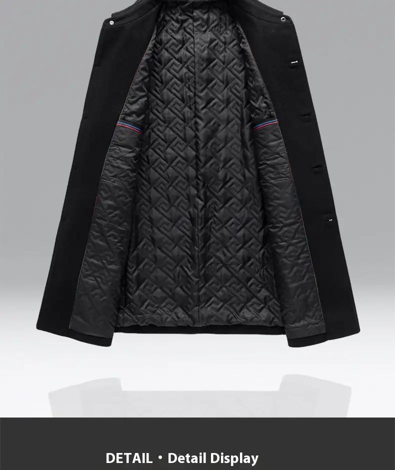 Men woolen overcoat in black featuring a quilted diamond-patterned wool lining and subtle striped trim on the inner sleeves.