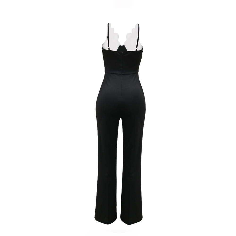 black satin butterfly wing slim fit jumpsuit with thin straps and a flattering fit