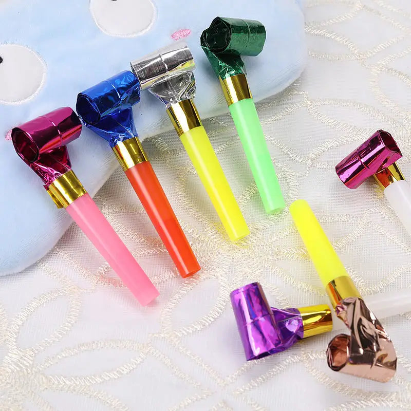 A set of colorful party blower noisemakers for kids birthdays featuring metallic shiny tops and gold-colored bands in a 10 pack.