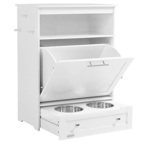 Station d’alimentation pour animaux avec compartiment de rangement pour la nourriture pour chien en blanc, comprenant deux gamelles en acier inoxydable et un tiroir extractible pour l’alimentation de l’animal.
