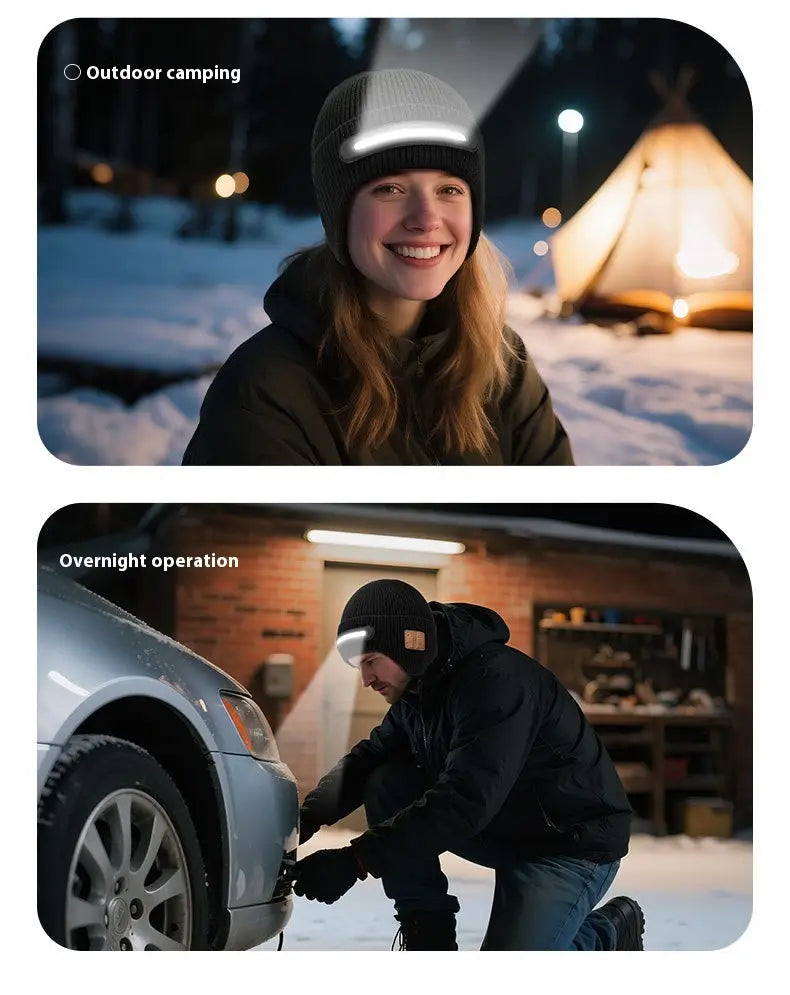 black led bluetooth beanie hat for running featuring an integrated headlamp and soft knit material shown from the back side