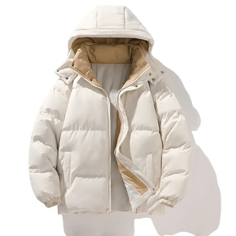 Insulated hooded quilted cream-colored puffer jacket with beige interior lining designed for outdoor sports.