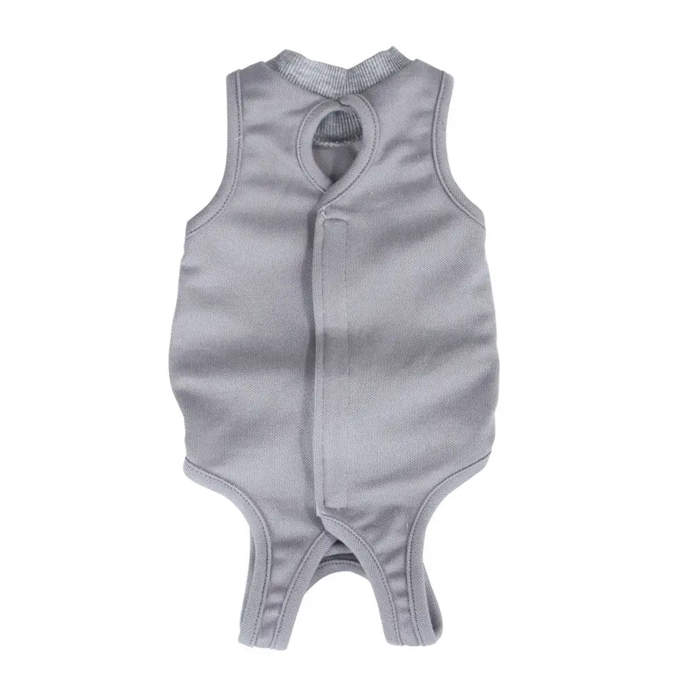 Gray ribbed knit sleeveless baby onesie with front snap closure and rounded neckline designed as a breathable cat sterilization recovery suit vest.