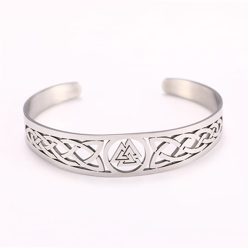 Silver stainless steel open cuff bracelet featuring intricate celtic knotwork and a central valknut symbol for a valknut celtic knot stainless steel cuff bracelet.