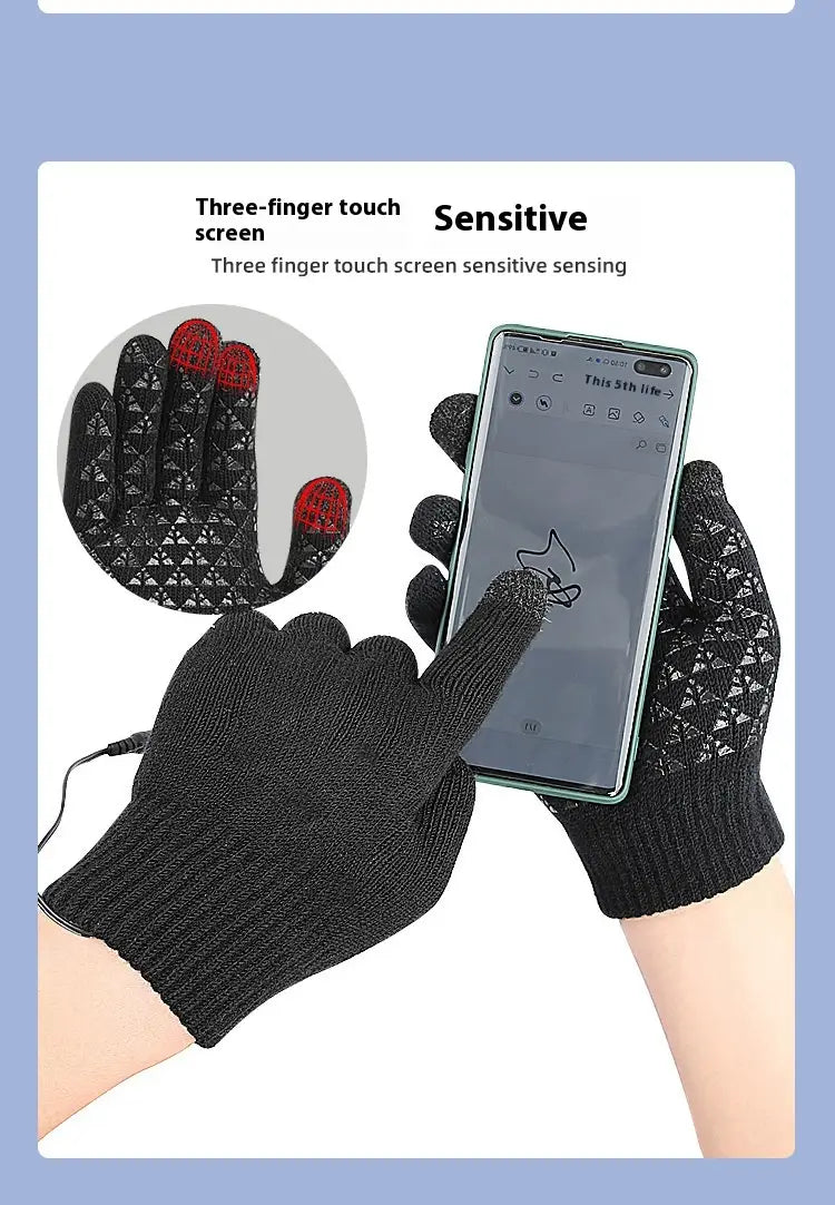 black knitted usb heated typing gloves with red-tipped touchscreen fingers designed for thermal winter use and three-finger touch sensitivity.